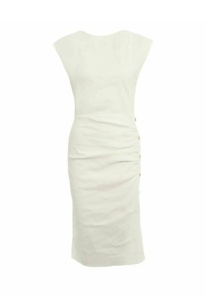 Robe midi blanche sans manches avec taille cintrée, encolure bateau, fronces sur le côté et une rangée de boutons sur le côté droit.