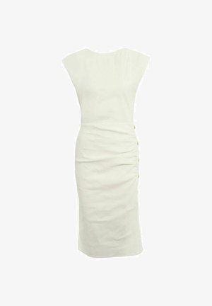 Robe midi blanche sans manches avec taille cintrée, encolure bateau, fronces sur le côté et une rangée de boutons sur le côté droit.