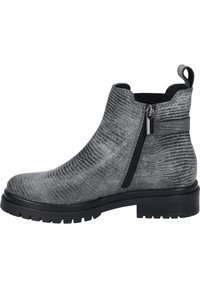 Botas de tobillo grises con acabado texturizado, cremallera lateral y suela de goma negra. Presenta una pestaña en la parte posterior para facilitar su calzado y descalzado.