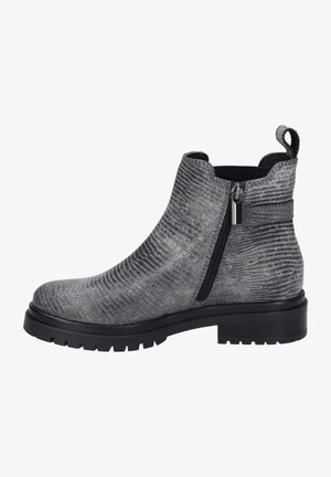 Gray ankle boots with textured finish, side zipper, and black rubber sole. Features a pull tab at the back for easy on/off.