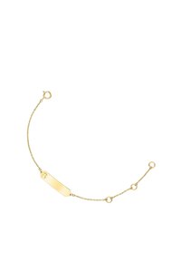 Pulsera de oro que presenta una etiqueta rectangular plana con una superficie lisa, unida por una cadena intrincada y asegurada con un broche redondo.
