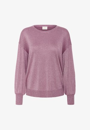 Suéter de punto metálico rosa con cuello redondo, hombros caídos y mangas largas abullonadas. Los puños y el dobladillo acanalados añaden textura.