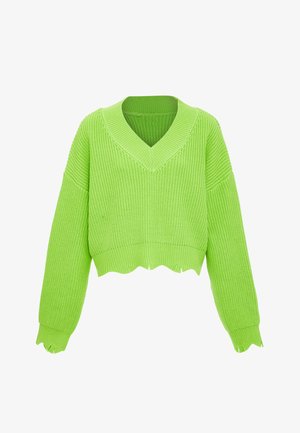 Helles grünes Strickpullover mit V-Ausschnitt, gefallenen Schultern und cropped Länge. Strukturiertes Muster mit gewelltem Saum und Bündchen.