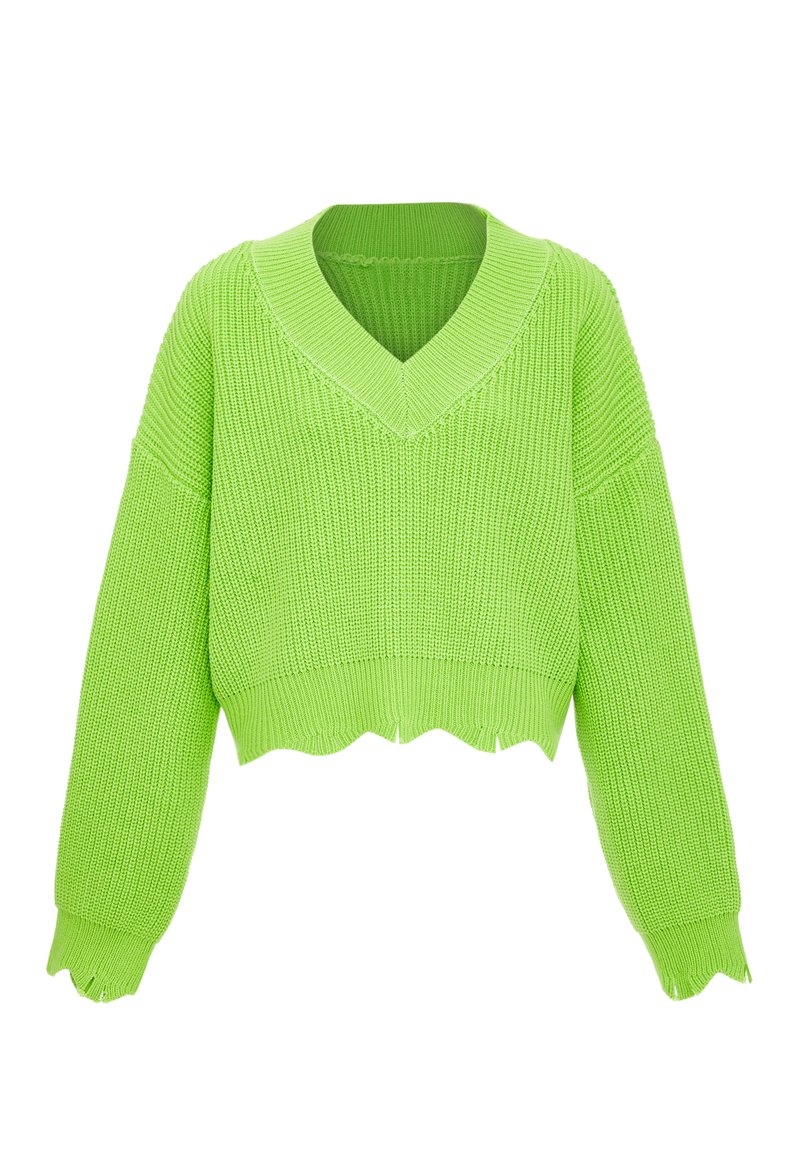 Helles grünes Strickpullover mit V-Ausschnitt, gefallenen Schultern und cropped Länge. Strukturiertes Muster mit gewelltem Saum und Bündchen.