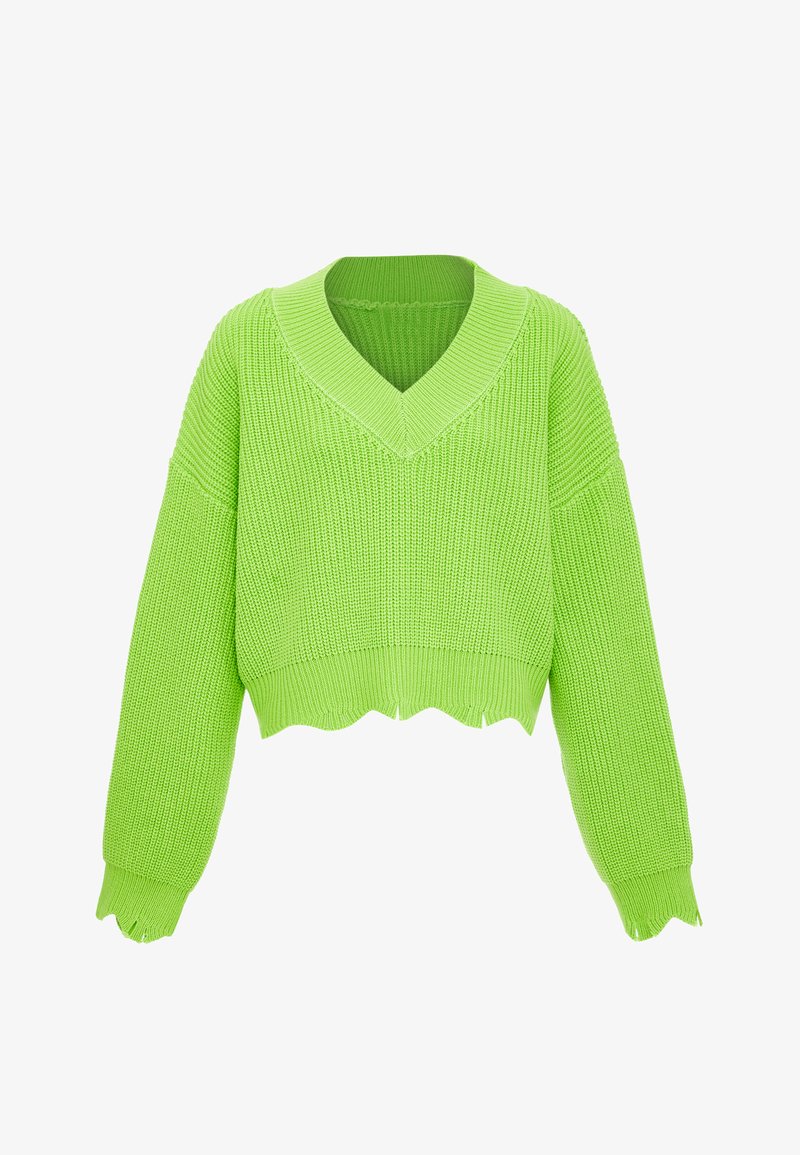 Pulover tricotat de culoare verde strălucitor, cu decolteu în V, umeri căzuți și lungime scurtă. Model texturat cu margine și mansete cu volane.