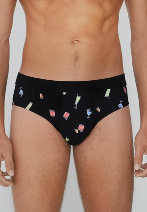 Schwarze Baumwollunterwäsche mit einem verspielten Muster aus bunten Getränkedarstellungen, elastischem Bund und einer figurbetonten Passform.