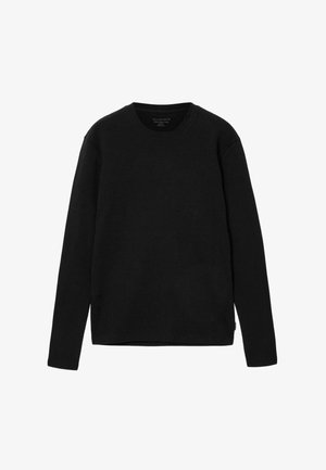 Schwarzer Pullover mit langen Ärmeln, rundem Ausschnitt, gerippter Struktur und geradem Saum. Das Etikett befindet sich unten links.