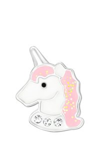 Een eenhoorn-vormige accessoire met een witte body, een roze manen met sprankels en drie heldere rhinestones aan de onderkant. Zilveren omlijning details.