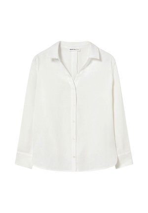 Camisa blanca de manga larga con botones, cuello, tela lisa y dobladillo recto.