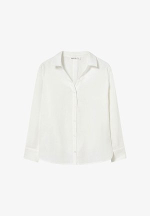 Chemise blanche à manches longues avec col, tissu lisse et ourlet droit.