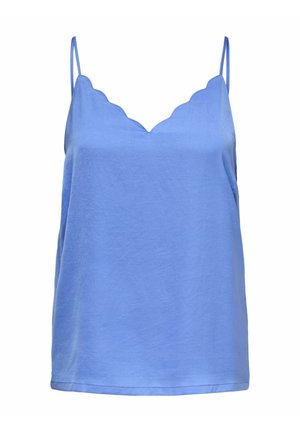 Blå ermeløs camisole-topp med bølget halslinning og tynne skulderstropper, laget av lett stoff.