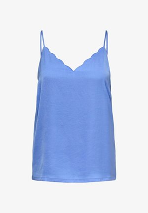 Blå ermeløs camisole-topp med bølget halslinning og tynne skulderstropper, laget av lett stoff.