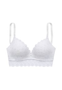 Weißer Baumwoll-Bralette mit floralem Stickmuster, gewellten Kanten, verstellbaren Trägern und einem Knopfdetail an der Vorderseite.