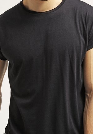 Black short-sleeve t-shirt made of soft cotton, featuring a round neckline and a smooth, slightly fitted texture. No patterns or accents.