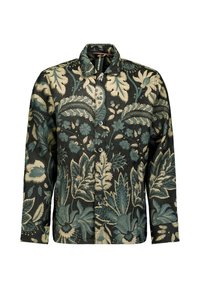 Bloemenpatroon knoopshirt in donkergroen en crème, met een textuurstof, lange mouwen en een kraag met vijf knopen.