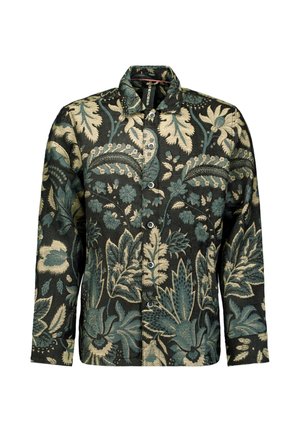 Bloemenpatroon knoopshirt in donkergroen en crème, met een textuurstof, lange mouwen en een kraag met vijf knopen.