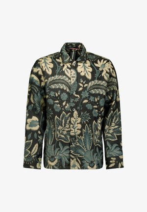 Bloemenpatroon knoopshirt in donkergroen en crème, met een textuurstof, lange mouwen en een kraag met vijf knopen.