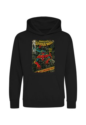 Felpa nera con cappuccio con una copertina vintage di un fumetto di Spider-Man in tuta rossa e blu che si arrampica, con volti e sfondo di testo.