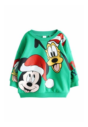 Sweatshirt vert pour enfants avec de grands visages dessinés de Mickey Mouse et Pluto portant des bonnets de Père Noël rouges.