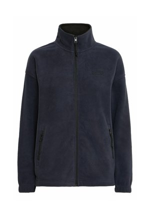Fleecejack in donker marineblauw met een hoge kraag, een volledige rits aan de voorkant en twee zijzakken met rits. Heeft een subtiele logo op de borst.
