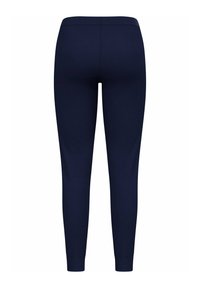Navy blue stretchy leggings with a fitted design, tapered ankles, and an elastic waistband. Smooth texture, no visible patterns or hardware.