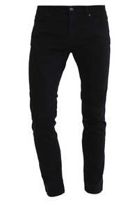 Jeans negros ajustados de mezclilla, con bolsillos frontales, cierre de cremallera y un diseño clásico de cinco bolsillos con acentos de botones metálicos.