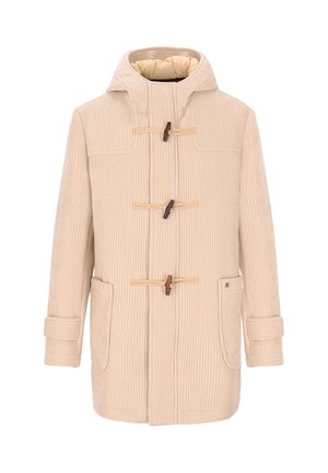 Cappotto in corduroy beige con cappuccio, tre chiusure a toggle in legno, due tasche anteriori a soffietto e dettagli con cinturino sui polsini.