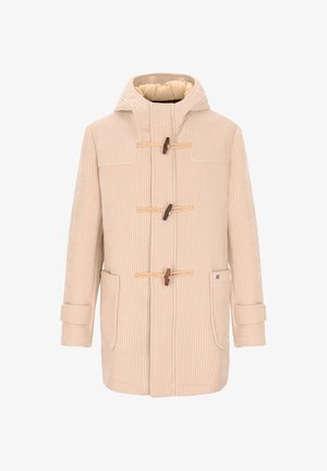 Cappotto in corduroy beige con cappuccio, tre chiusure a toggle in legno, due tasche anteriori a soffietto e dettagli con cinturino sui polsini.