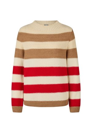 Grober Strickpullover mit horizontalen Streifen in Beige, Braun, Rot und Creme, mit geripptem Rundhalsausschnitt und Bündchen.