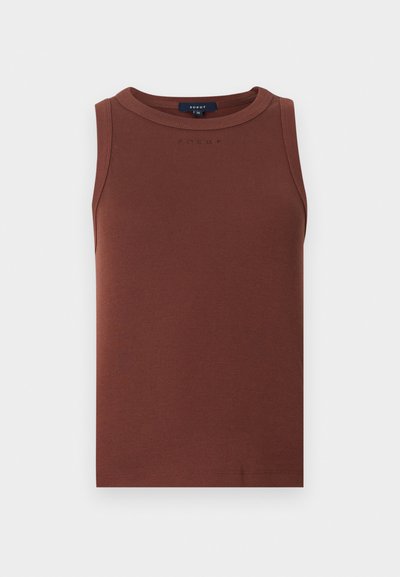 Καφέ αμάνικη μπλούζα από βαμβάκι, με στρογγυλή λαιμόκοψη και διακριτικό κείμενο της επωνυμίας που είναι ανάγλυφο στο μπροστινό μέρος.