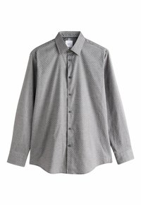 Langarmhemd in Hellgrau mit einem dezenten geometrischen Muster. Verfügt über eine durchgehende Knopfleiste, einen klassischen Kragen und geknöpfte Manschetten. Weiche Textur.