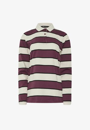 Camisa polo de manga larga con un patrón a rayas en morado y crema, que presenta un cuello y una tapeta con tres botones. Material de algodón, ajuste clásico.