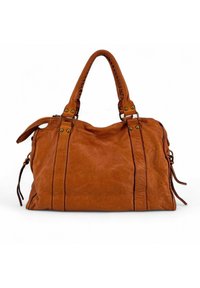 Sac à main en cuir brun avec une surface texturée, des accents tressés et du matériel en métal. Comprend deux poignées robustes et des liens latéraux.