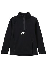 Zwarte Nike pullover gemaakt van een zachte, rekbare stof. Heeft een kwartrits, hoge kraag en een wit logo aan de voorkant in het midden.