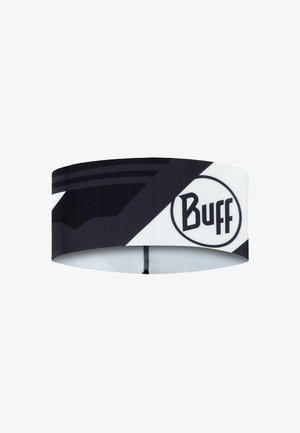 Turbante en blanco y negro con un diseño geométrico, logotipo con "Buff", fabricado en tela elástica que ofrece una textura suave y elasticidad.