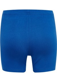 Blaue Baumwoll-Boxershorts mit glatter Textur, mittelhohem Bund und ohne sichtbare Muster oder Beschläge. Saubere Kanten und einfaches Design.