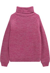 Strickpullover in einem satten Rosa-Ton, mit hohem Kragen, überschnittenen Schultern und strukturiertem Stoff für einen gemütlichen Look.