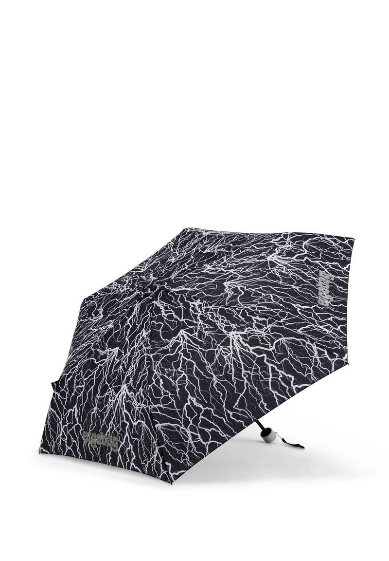 Black umbrella featuring a white lightning pattern, a compact design, and a curved handle with a small strap for portability.