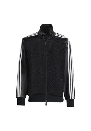 Veste noire zippée avec panneau avant en mesh, manches en cuir et trois bandes blanches courant le long de chaque manche, présentée sur fond blanc.
