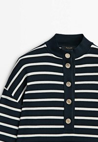 Maglione a righe blu navy e bianco, realizzato in maglia, con un colletto a mock ribbed e una fila verticale di cinque bottoni decorativi argentati sul davanti.