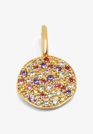 Pyöreä kultaketju, jossa on monivärisiä faacettikivistä valmistettuja koruja vaaleanpunaisena, violetina, keltaisena ja kirkkaana, aseteltuna teksturoituun pintaan.