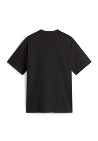 Černé bavlněné tričko, kulatý výstřih, krátké rukávy, volný střih. Hladká textura bez viditelných vzorů nebo kovových detailů. Zobrazeno ze zadní strany.