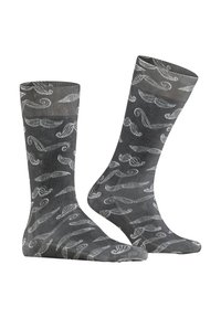 Graue Socken mit einem wiederholten weißen Schnurrbartmuster. Weicher Stoff mit glatter Textur, abgeschlossen mit elastischen Bündchen oben.