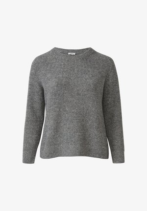 Grijze gebreide trui met lange mouwen, ronde halslijn en ribbeltextuur. Heeft steekdetails aan de zijkanten en een ontspannen pasvorm.