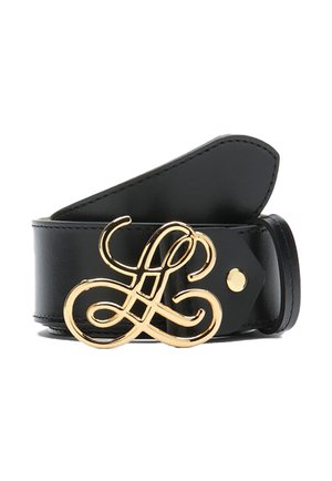 Black leather belt with a large ornate gold buckle featuring intertwined looping design.