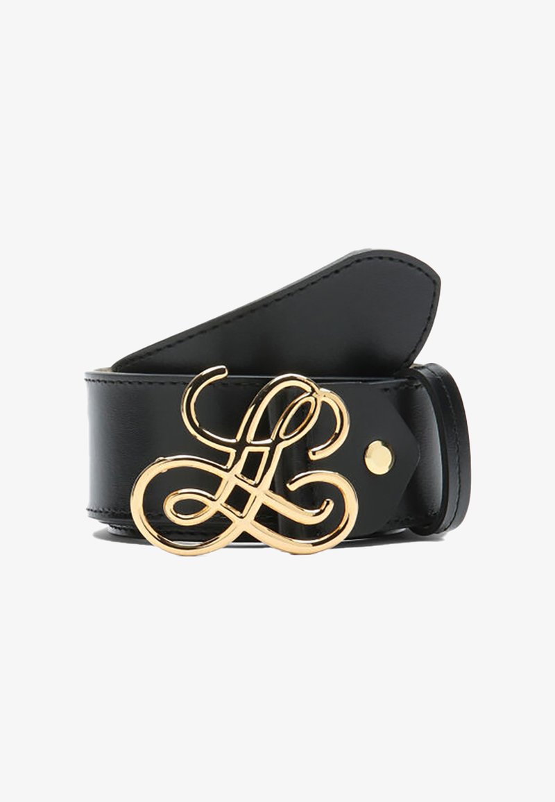 Zwarte leren riem met een grote, sierlijke gouden gesp met een verweven lusvormig ontwerp.