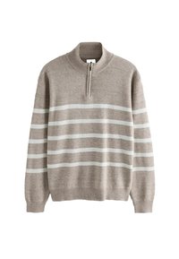 Beige knit sweater with a half-zip collar, featuring horizontal white stripes across the chest and arms. Ribbed cuffs and hem.