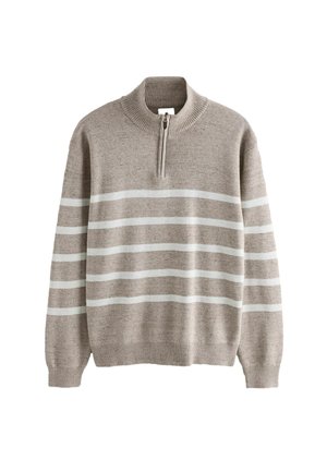 Beige striktrøje med halvlukket krave, prydet med vandrette hvide striber over brystet og armene. Ribbet manchetter og kant.
