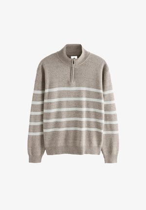 Beige striktrøje med halvlukket krave, prydet med vandrette hvide striber over brystet og armene. Ribbet manchetter og kant.