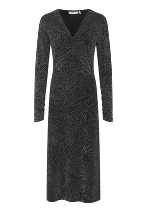 Fekete, hosszú ujjú ruha V-nyakkal, amely textúrázott mintával és fémes szálakkal rendelkezik, csillogó megjelenésért, térd hosszúságú.